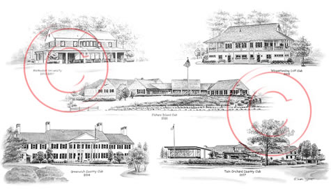 Montage illustration of golf course clubhouses